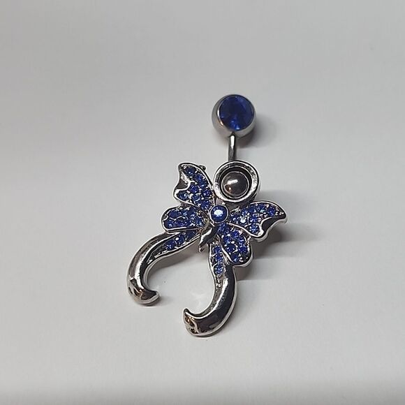 Butterfly Blue Crystal Rhinestone Silver Tone Belly Button Ring - Picture 1 of 3
